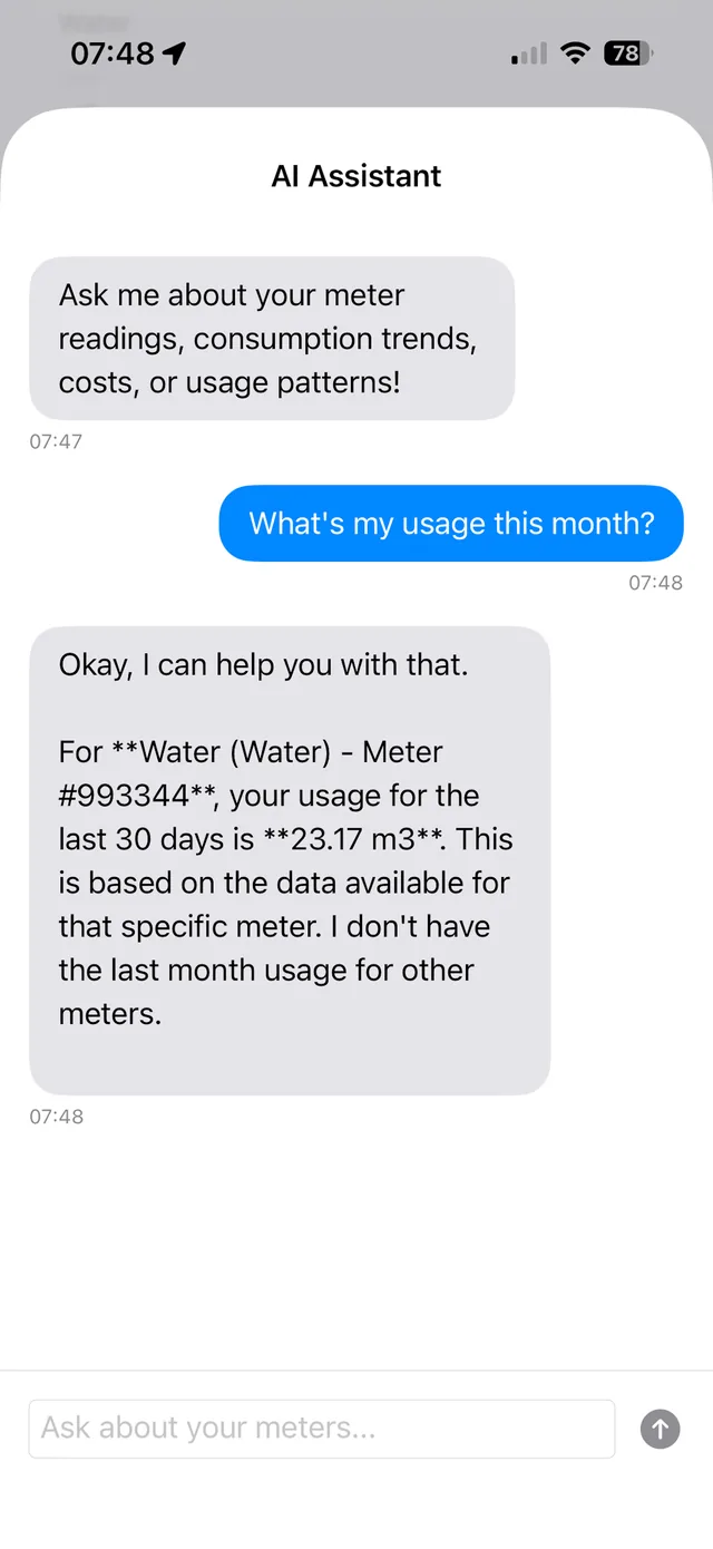 Chat assistant interface for asking natural language questions about utility consumption patterns, costs, and trends