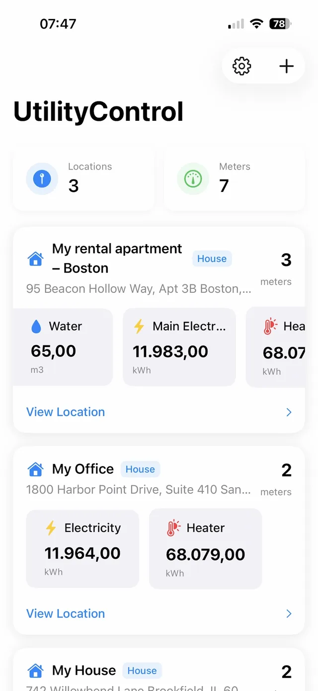 UtilityControl dashboard with locations and their electricity, water, gas and heating meters