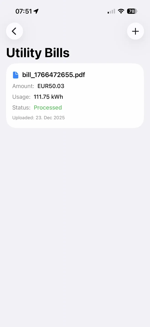 Multi-page utility bill upload: several photos or PDF pages processed together for complete data extraction